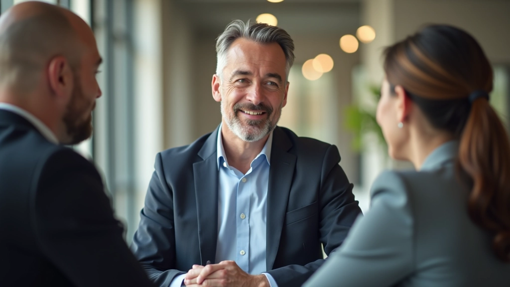Duas pessoas em conversa profissional, com linguagem corporal aberta e confortável em ambiente de escritório moderno