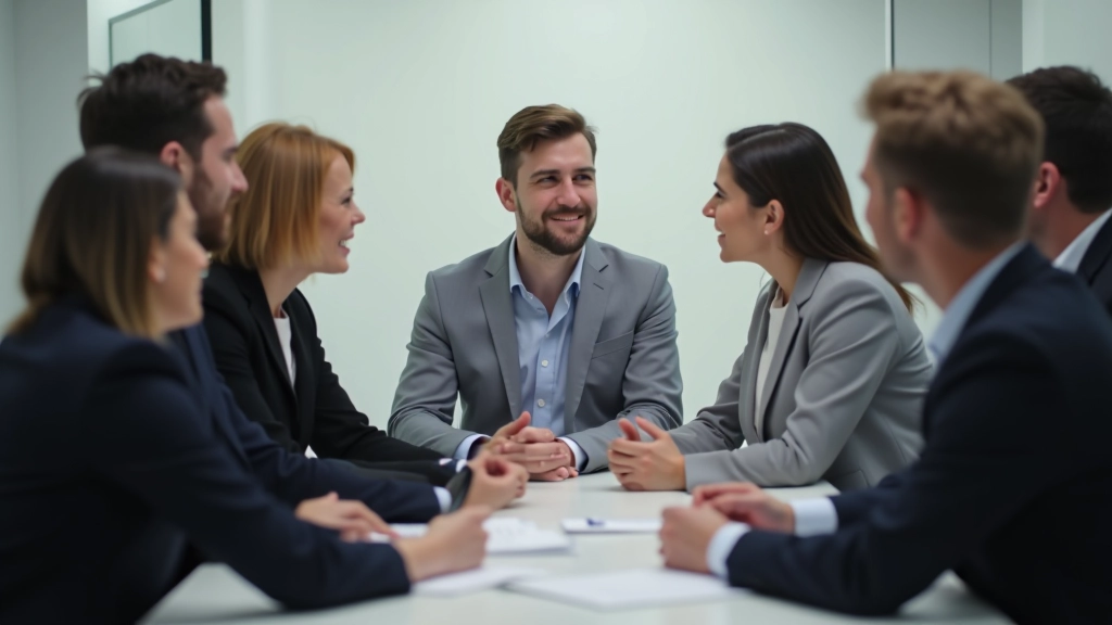 Reunião de equipa num espaço de trabalho moderno com pessoas conversando de forma aberta e relaxada