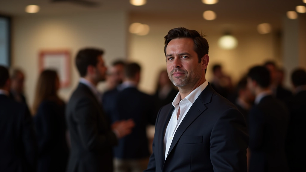 Pessoa em ambiente de networking, conversando com várias pessoas num evento profissional acolhedor