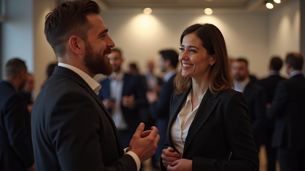 Evento de networking com várias pessoas conversando em pequenos grupos, com bebidas na mão, ambiente descontraído e profissional