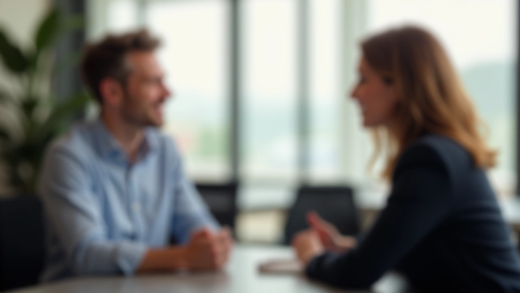 Duas pessoas conversando numa sala de conferências moderna, uma focada na outra com expressão atenta e genuína