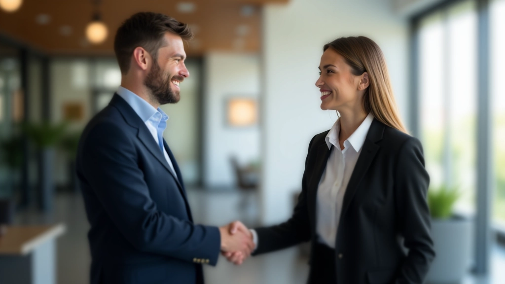 Duas pessoas num aperto de mão profissional, com sorrisos genuínos num espaço corporativo