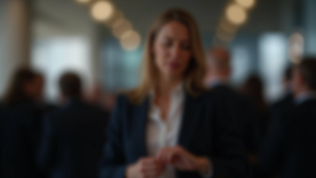 Pessoa em evento de networking, expressão de desconforto, verificando o relógio, linguagem corporal fechada e distante