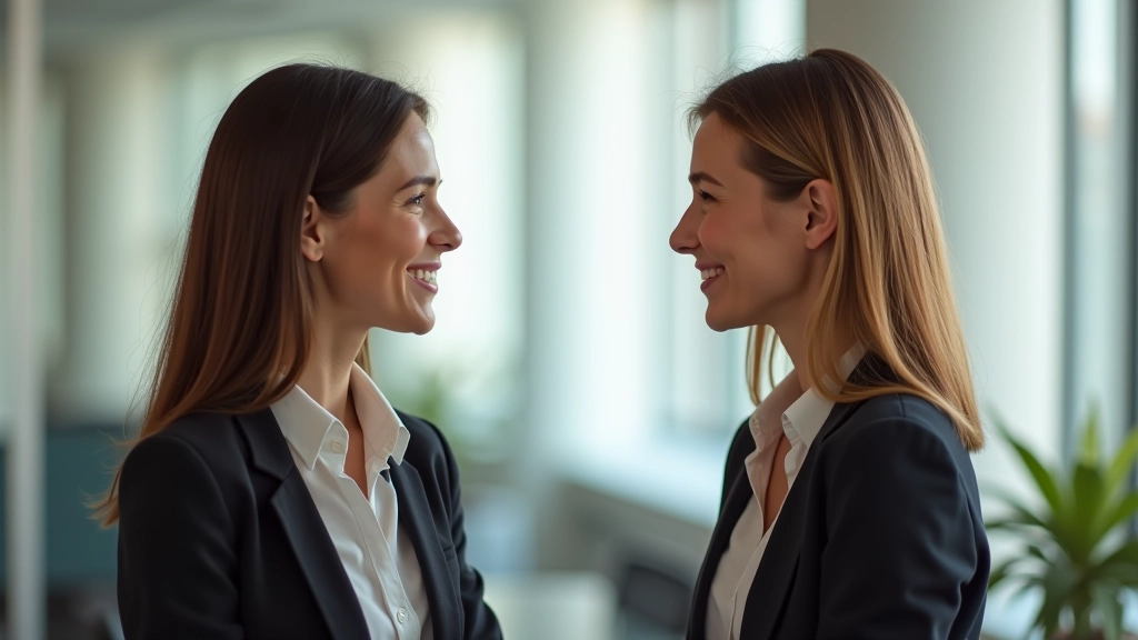 Duas mulheres em conversação profissional num ambiente corporativo moderno, com expressões amáveis e atenciosas
