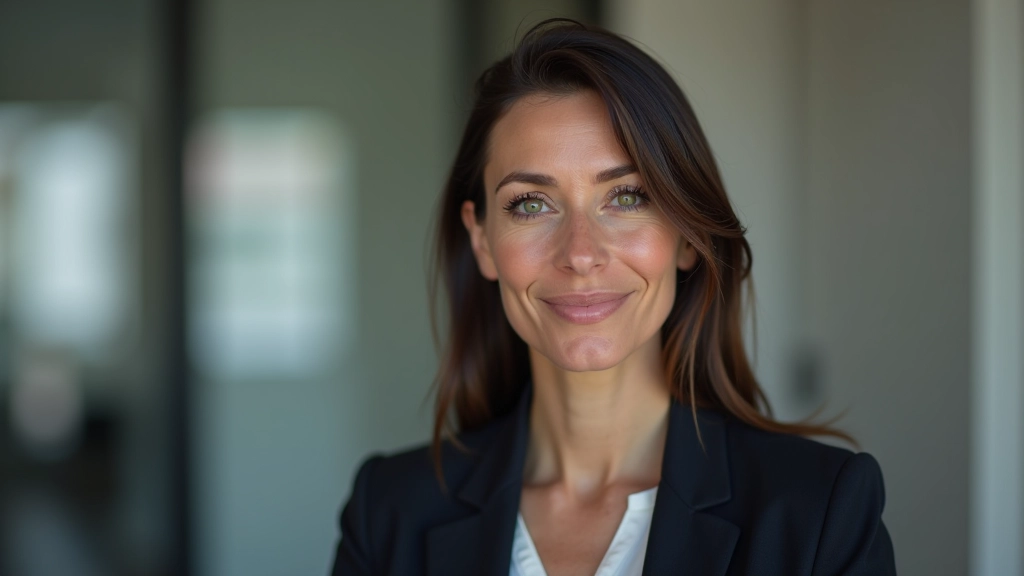 Pessoa olhando diretamente para a câmara com expressão calorosa e atenta, ambiente profissional minimalista de fundo